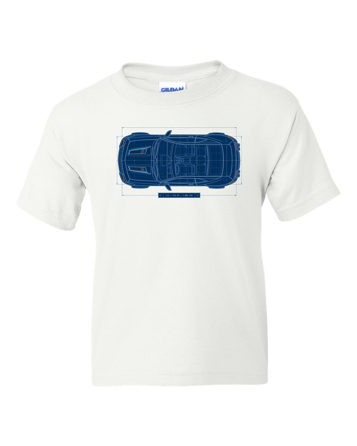 2010 Camaro SS fifth-generation top view blueprint line art with LS3 426 HP 3,860 lbs text white kids tee front view with the design