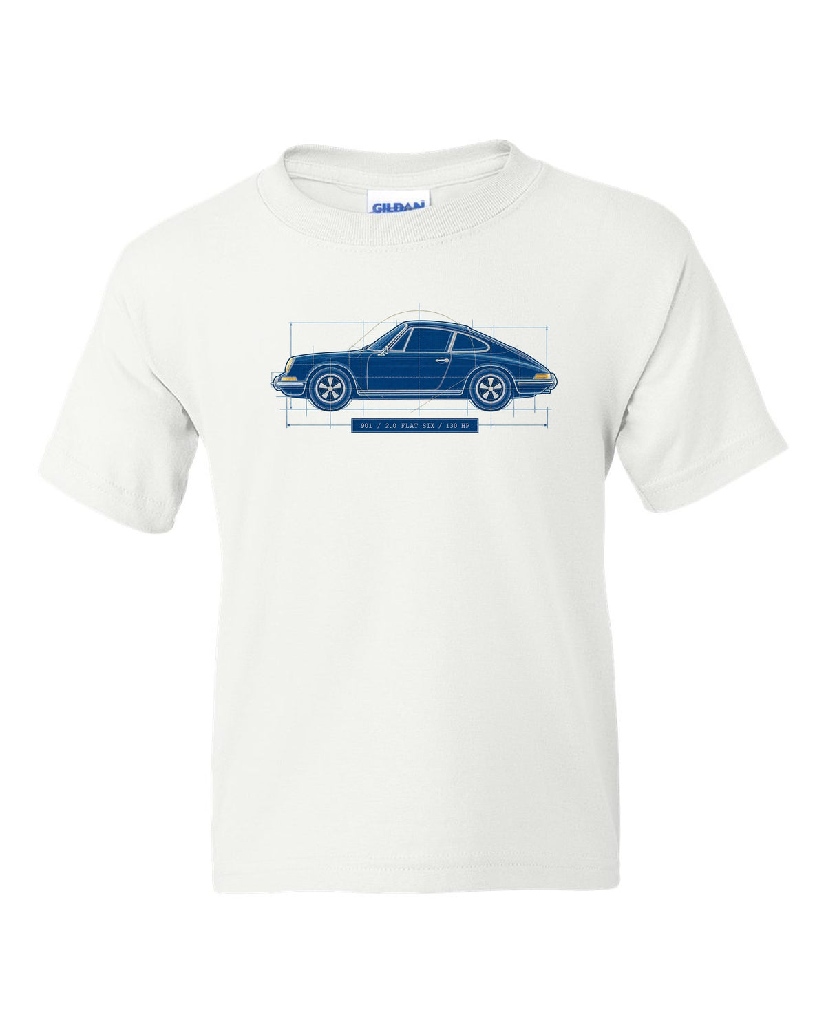 Porsche 911 901 1964 Cyanotype Blueprint Profile white kids tee front view with the design