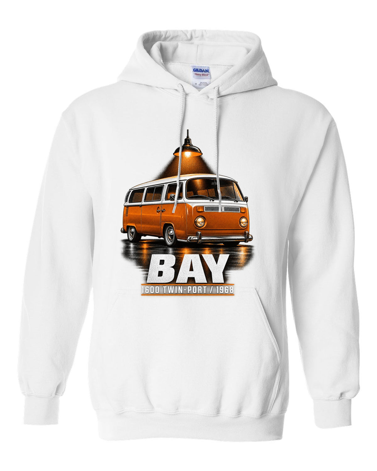 Garage night print of a 1968 VW T2 bay-window Type 2 bus white pull over hoodie front view with the design