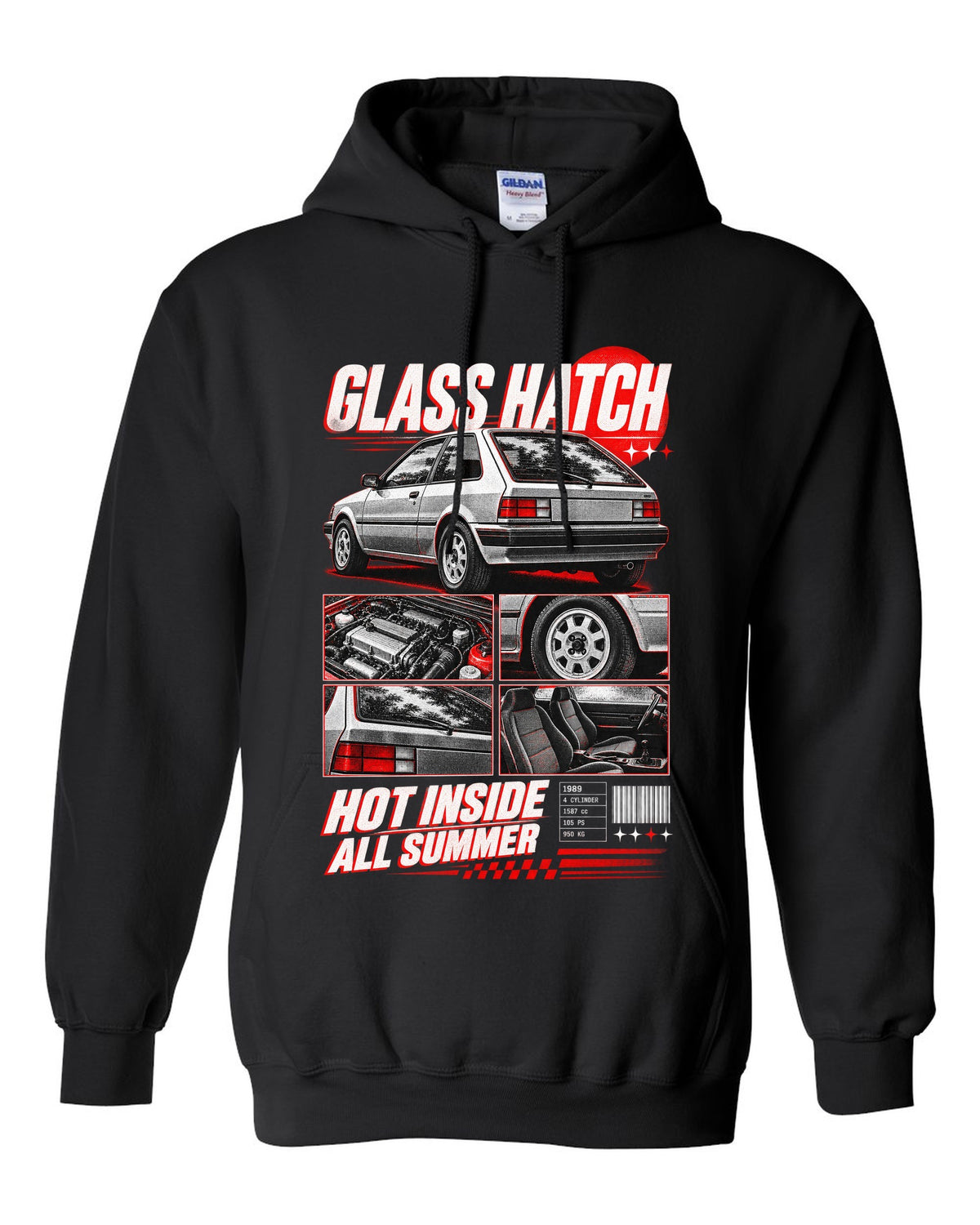 Dossier panel print for the 1989 Honda CRX EF8 Si about its glass ch being hot all summer black pull over hoodie front view with the design
