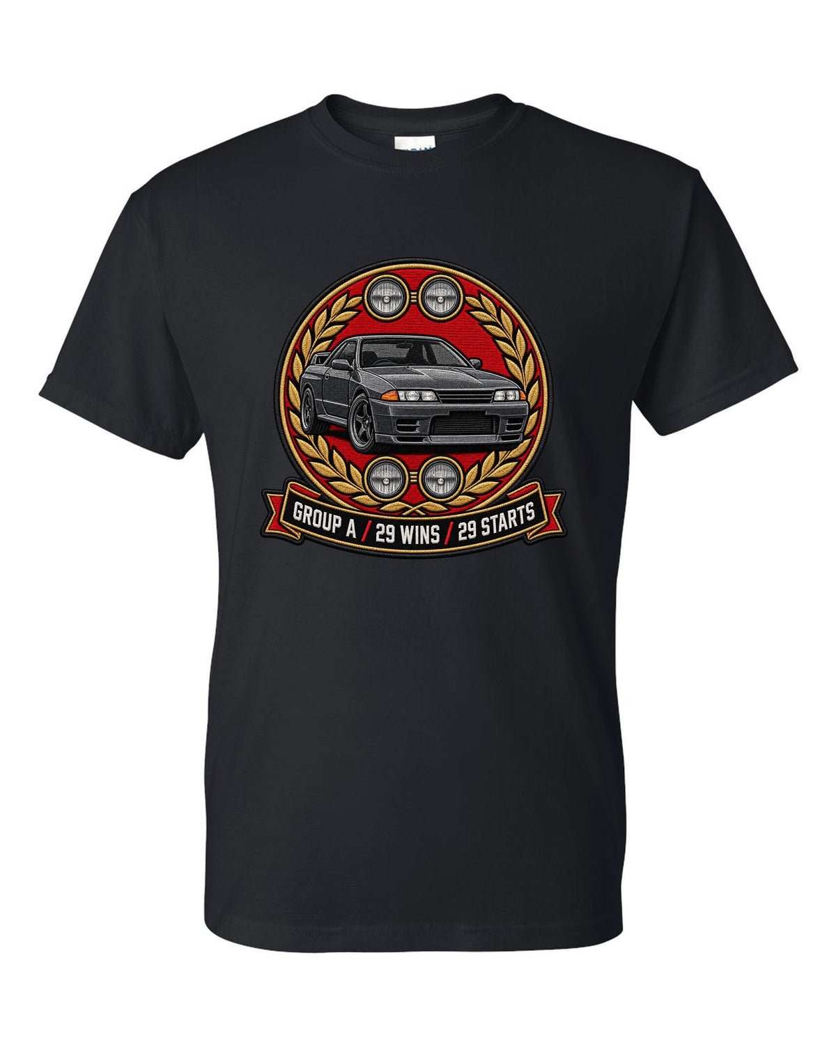 Embroidery-style round crest print for the Nissan Skyline GT-R R32 BNR32 with Group A 29 wins text black t-shirt front view with the design
