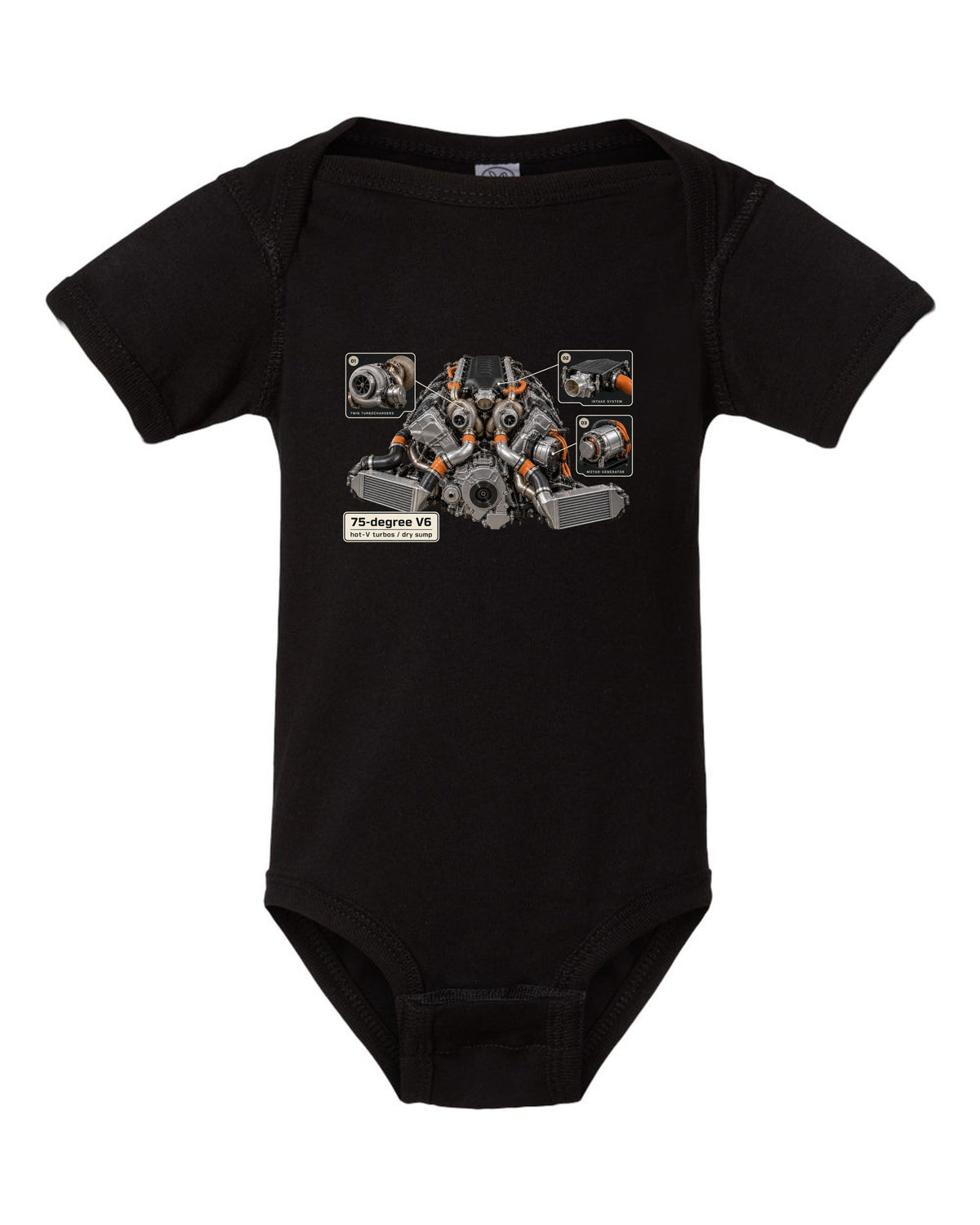Engine bay print of an Acura NSX NC1 3.5L twin-turbo V6 black baby onesie front view with the design