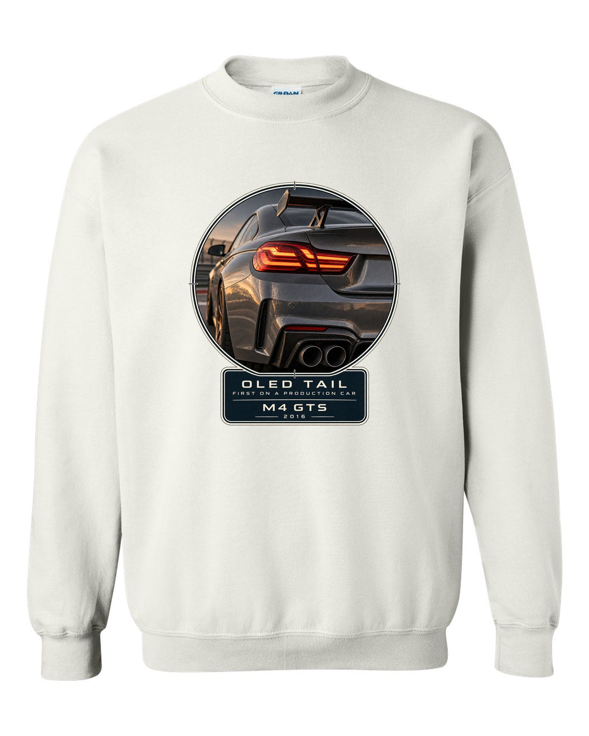 BMW M4 GTS OLED taillight macro print design white crewneck front view with the design