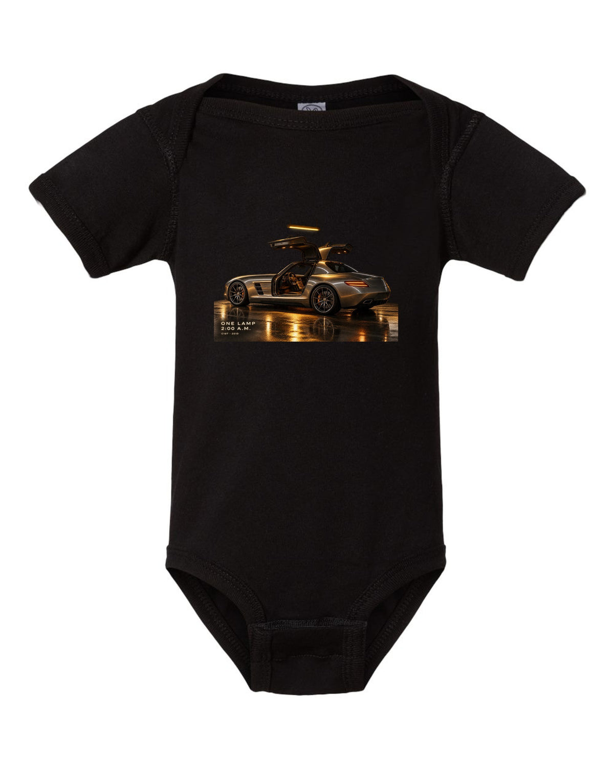 Garage night print of a Mercedes SLS AMG C197 under one lamp with 2:00 A.M. lettering black baby onesie front view with the design