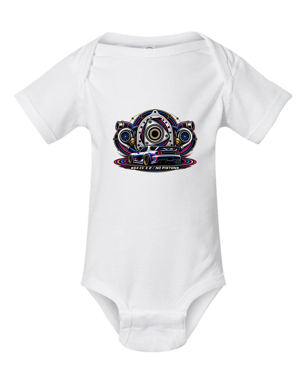 Two-colour riso style rear view print of a Mazda RX-7 FD3S with text $800, FD3S, Runs white baby onesie front view with the design