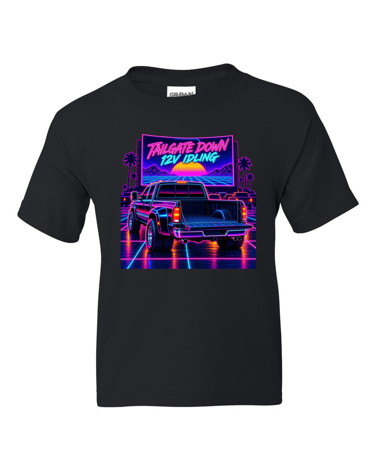 Neon synthwave drive-in print of a 1994-1998 Dodge Ram 2500 12V Cummins with tailgate down black kids tee front view with the design