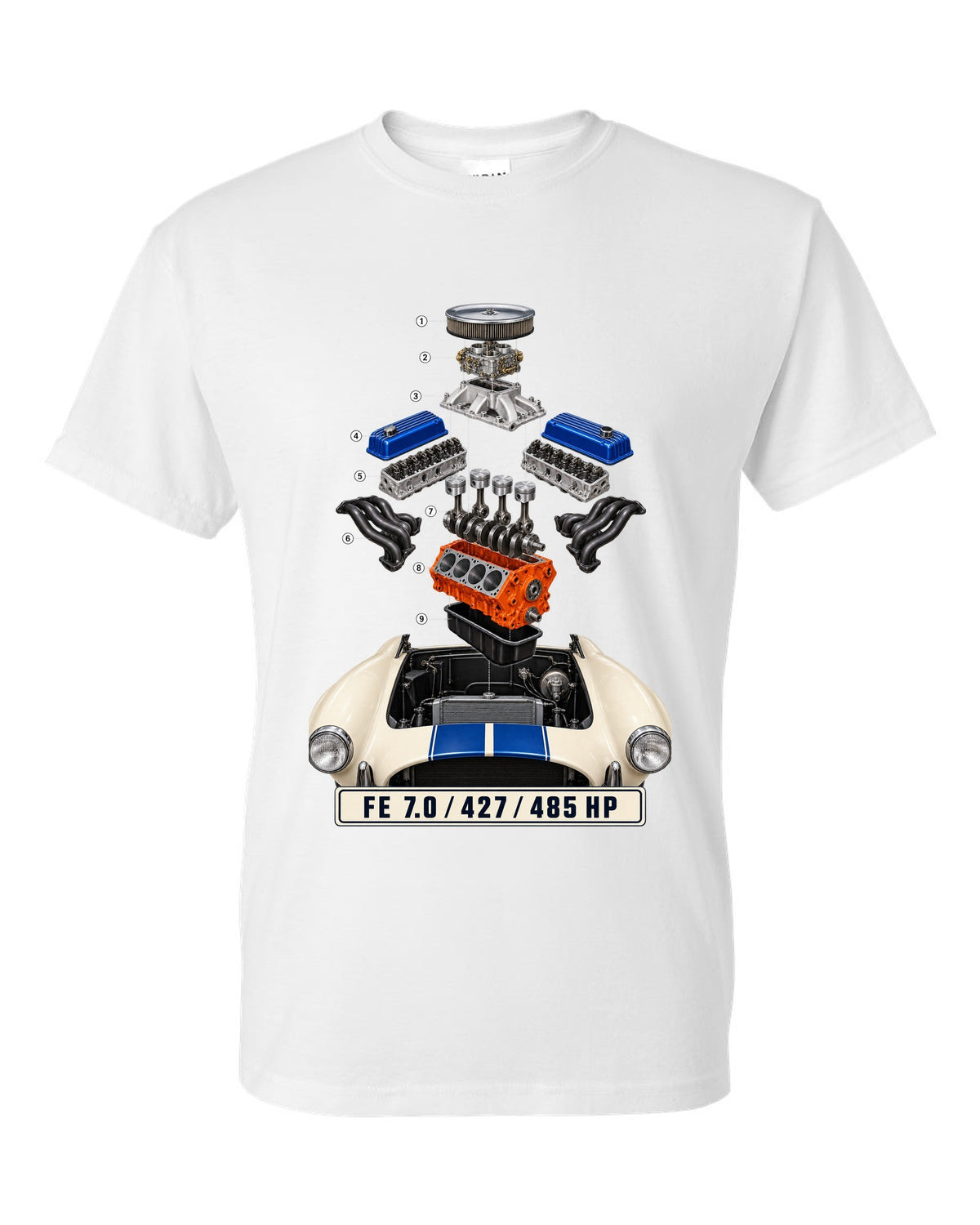 Isometric exploded view print of a Shelby Cobra 427 engine bay with FE 7.0 lettering white t-shirt front view with the design