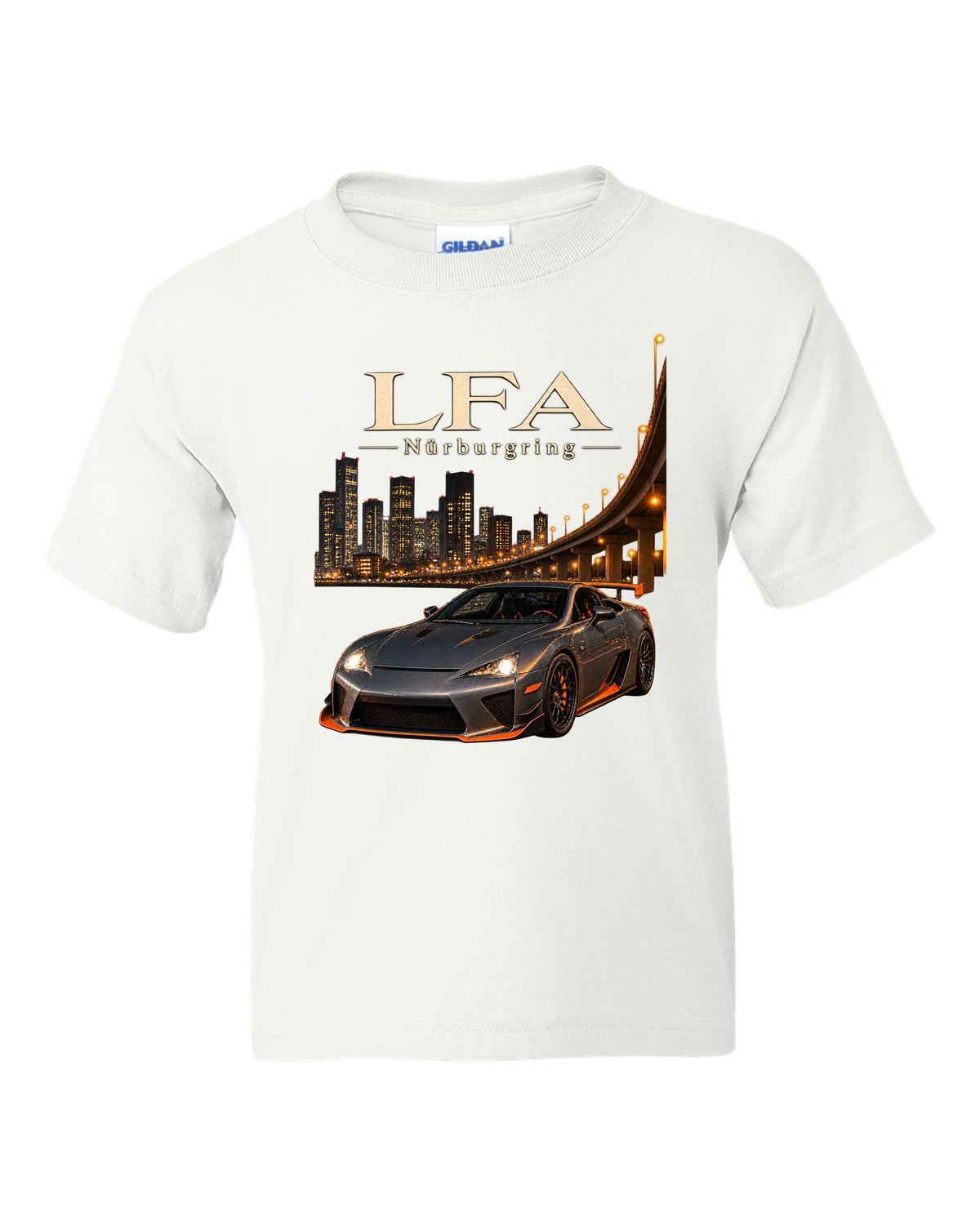 Digital cockpit and gauge view of the Lexus LFA white kids tee front view with the design