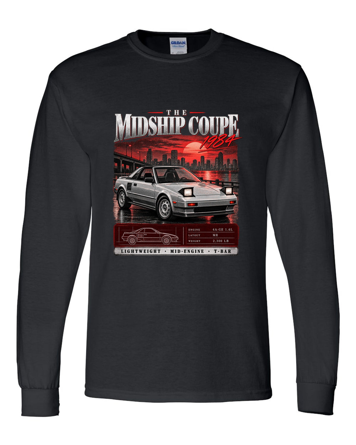 Archive panel print of a Toyota MR2 AW11 with the text The Midship Coupe 1984 black long sleeve front view with the design