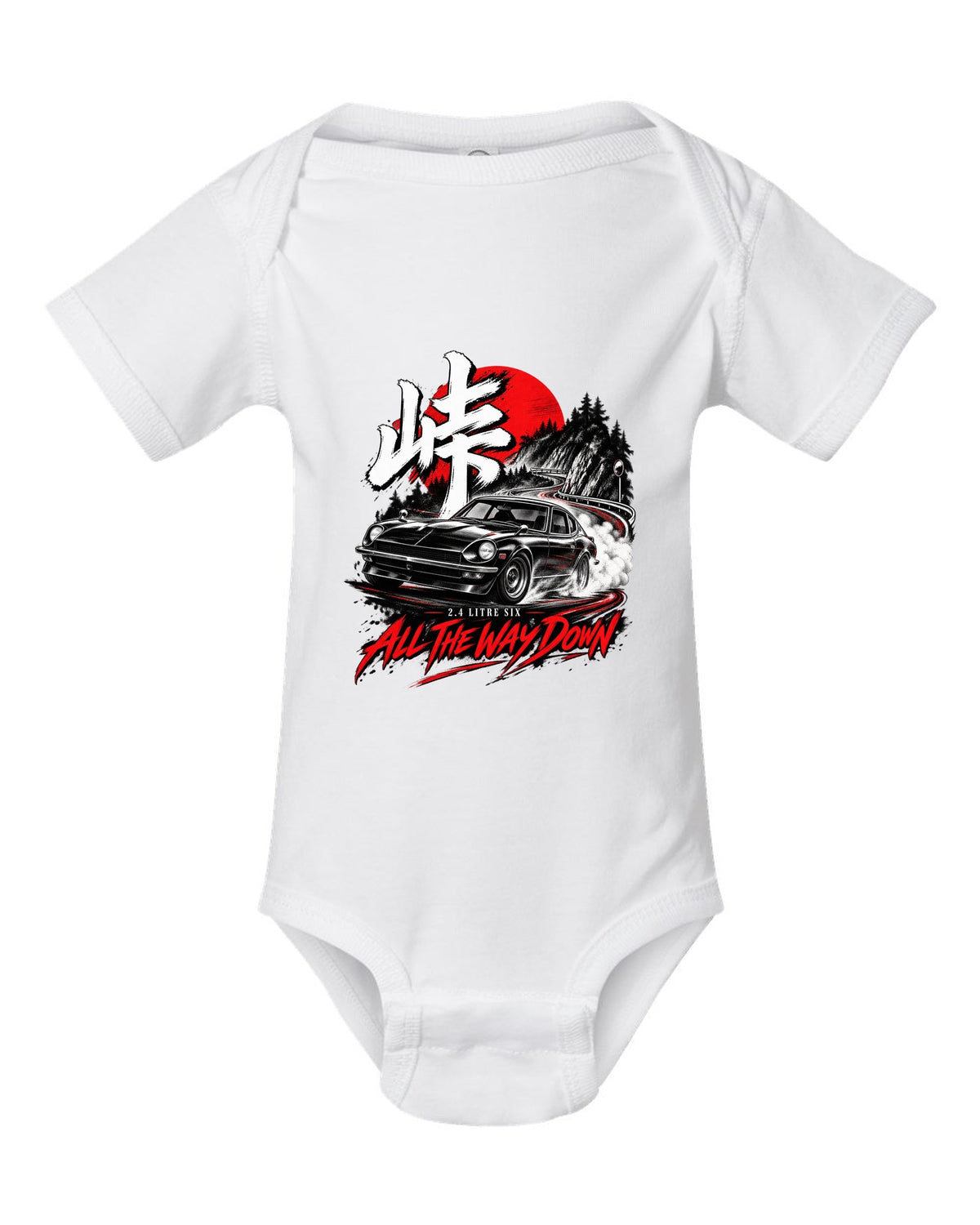 print of a 1971 Datsun 240Z HLS30 sliding downhill at night with touge kanji white baby onesie front view with the design
