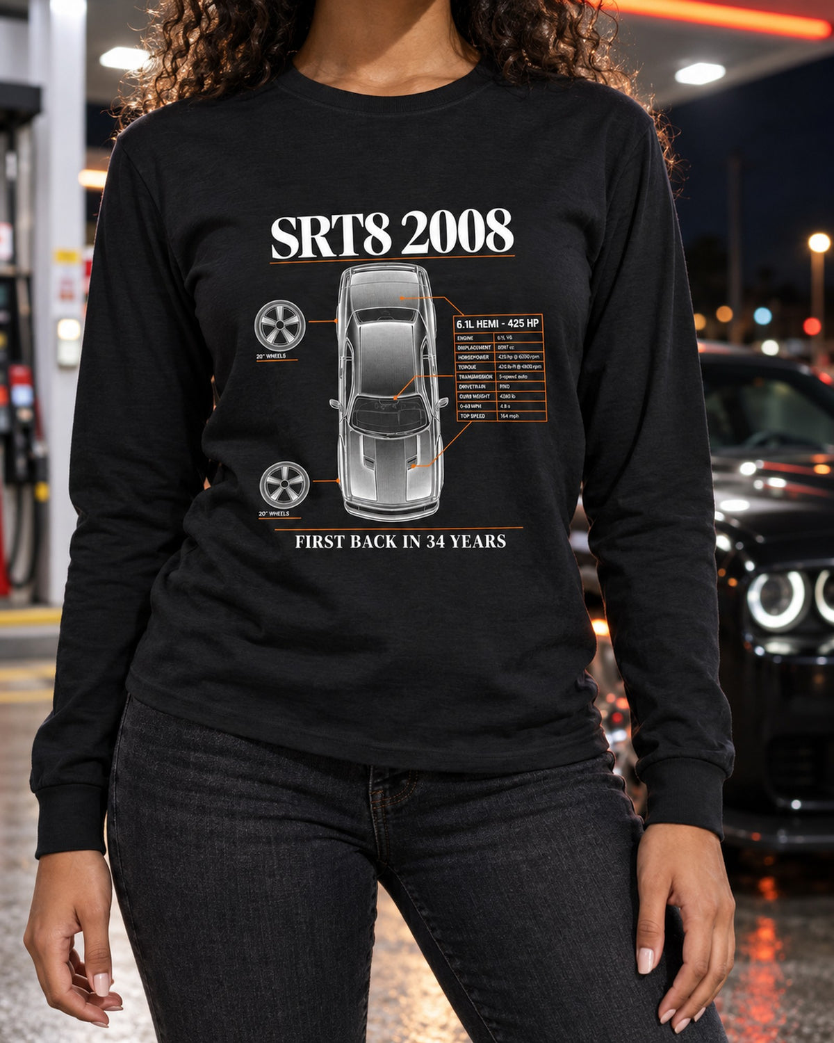 2008 Challenger SRT8 6.1 Hemi Spec Poster Tee, 425 HP Long Sleeve Black worn hero