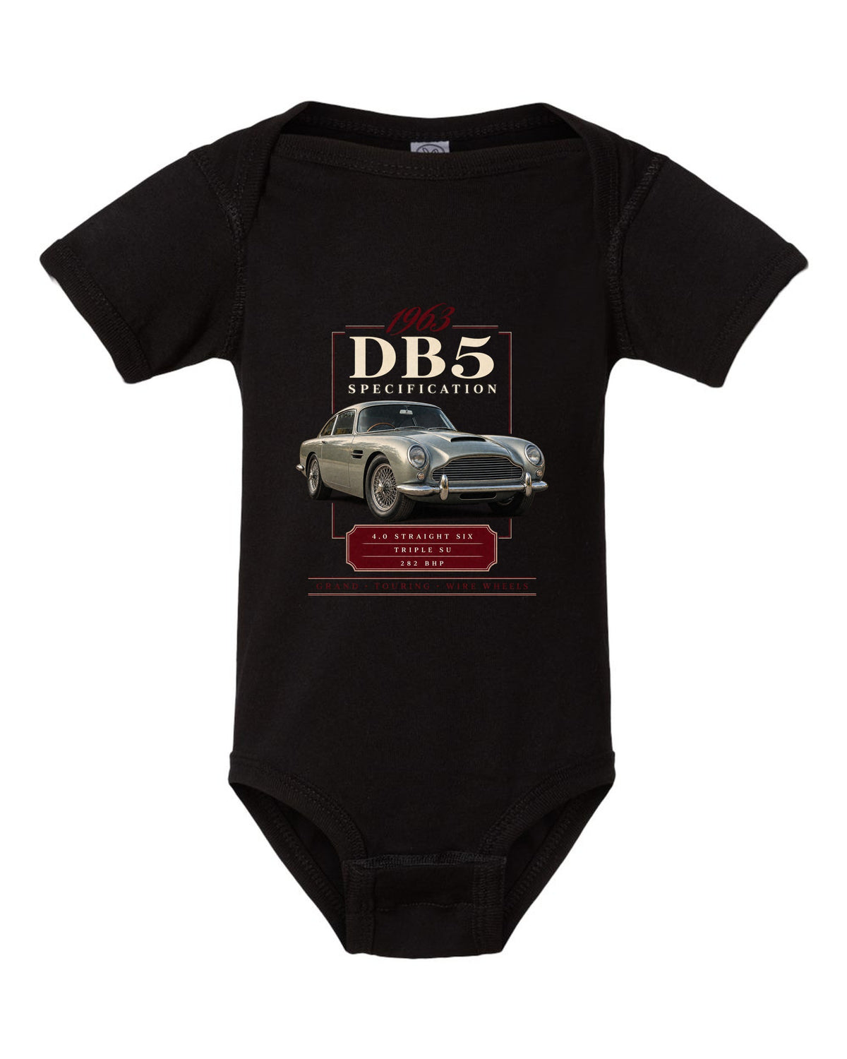 Aston Martin DB5 wire wheel archive specification panel black baby onesie front view with the design