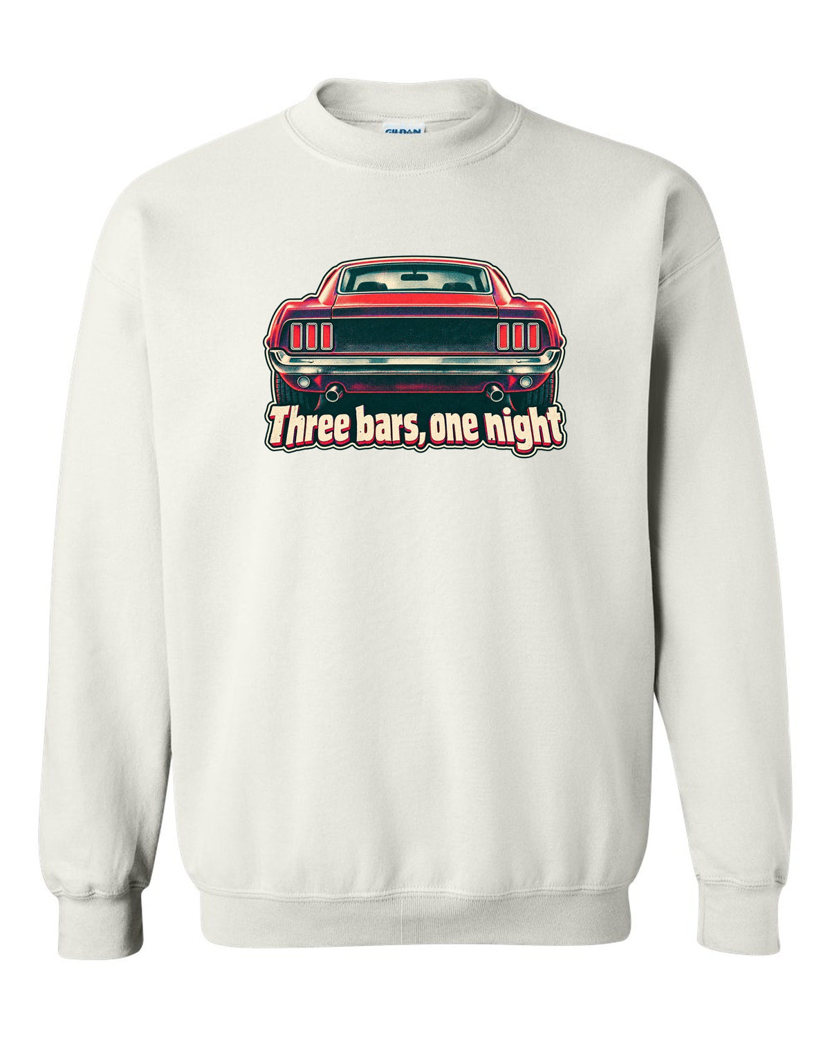 Risograph halftone print of the 1969 Ford Mustang fastback taillights with three bars white crewneck front view with the design