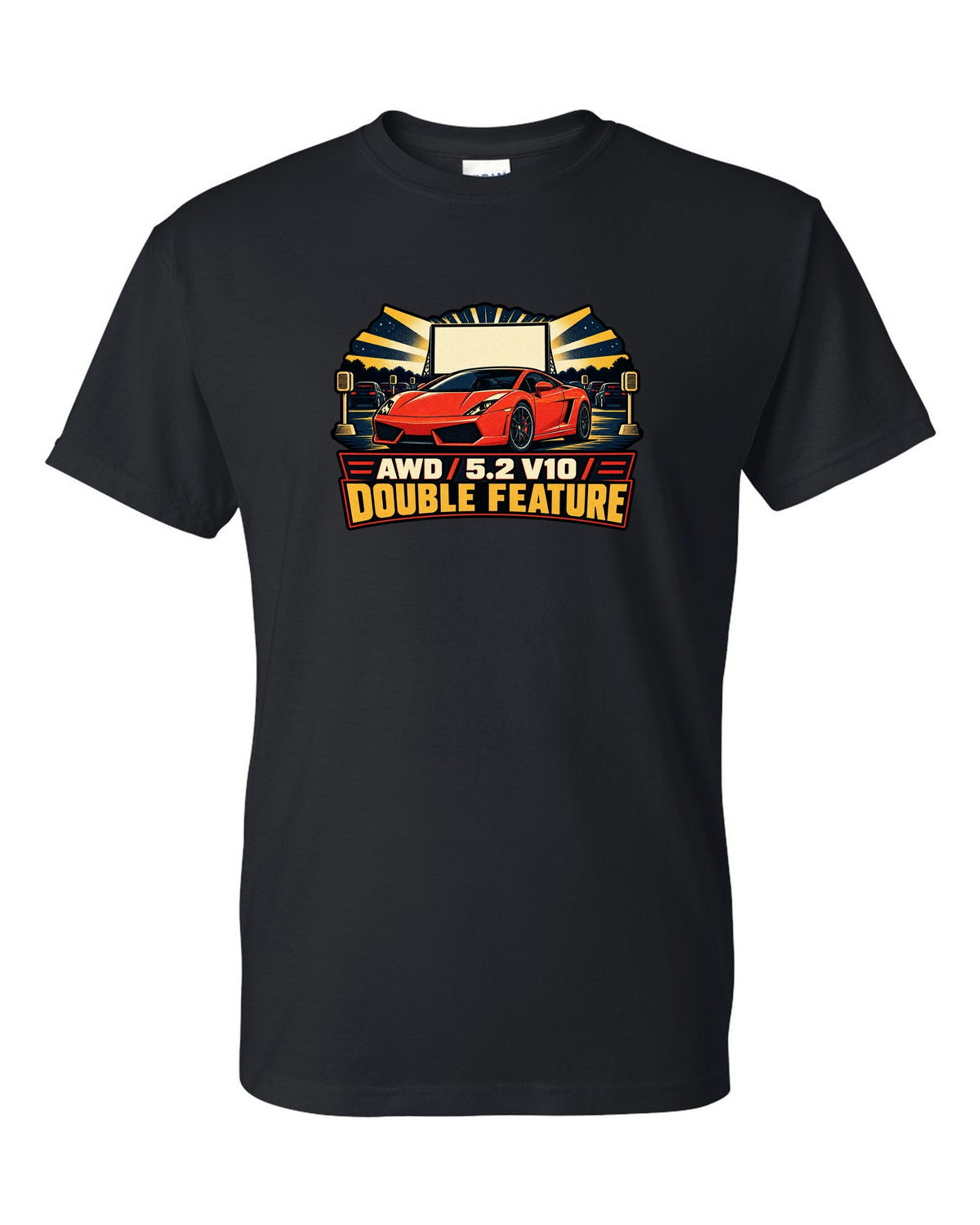 Vintage race poster style design of a Lamborghini Gallardo LP560-4 with AWD and V10 text black t-shirt front view with the design
