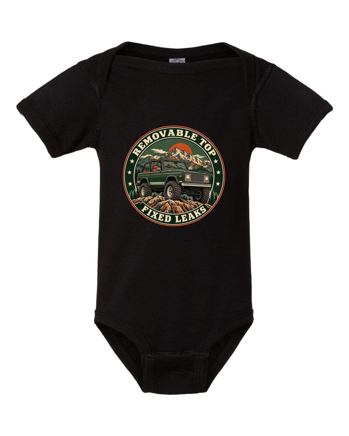 Topographic route map print for the 1973-91 Chevrolet K5 Blazer with removable top text black baby onesie front view with the design