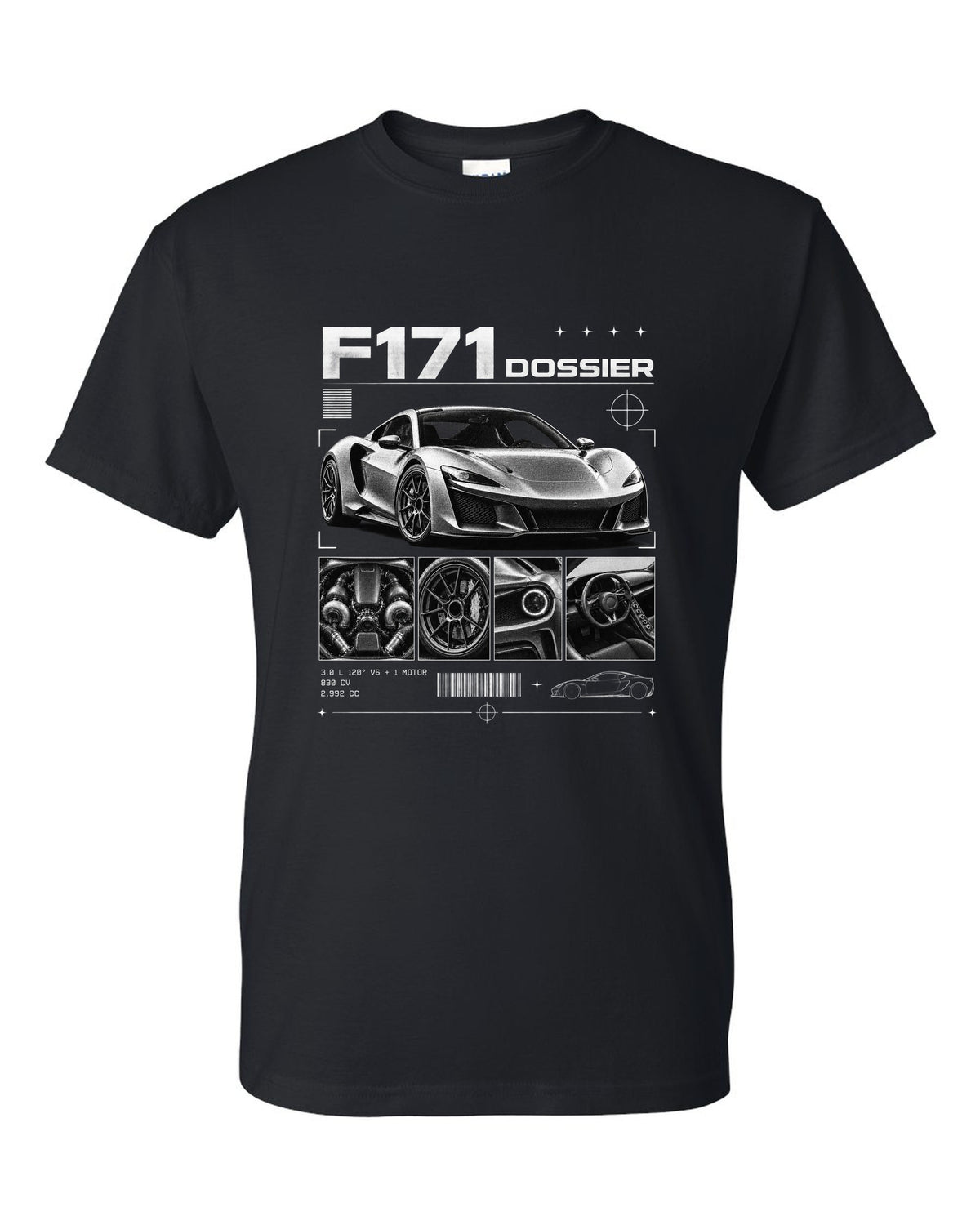 Dossier panel print of a Ferrari 296 GTB F171 with 3.0 L 120 degree V6 plus one motor, 830 CV black t-shirt front view with the design
