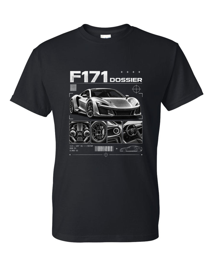 Dossier panel print of a Ferrari 296 GTB F171 with 3.0 L 120 degree V6 plus one motor, 830 CV black t-shirt front view with the design