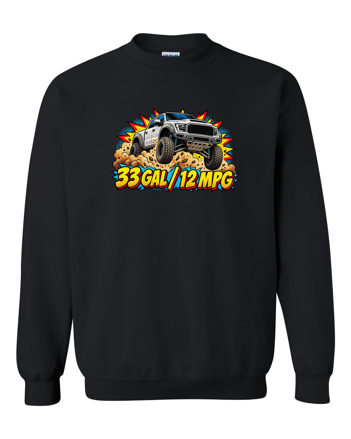 Comic halftone print of an airborne 2021-2024 Ram 1500 TRX with 33 gal 12 mpg text black crewneck front view with the design