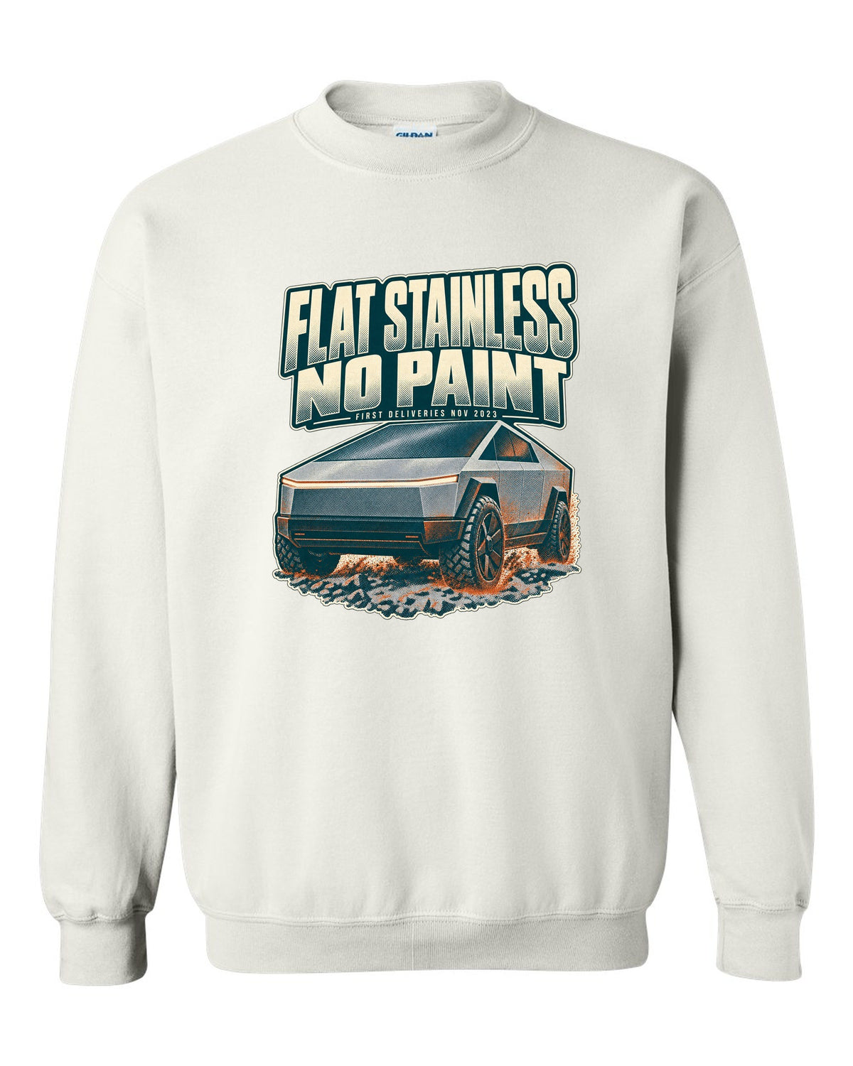 Halftone print of a Tesla Cybertruck front three-quarter with flat stainless text white crewneck front view with the design