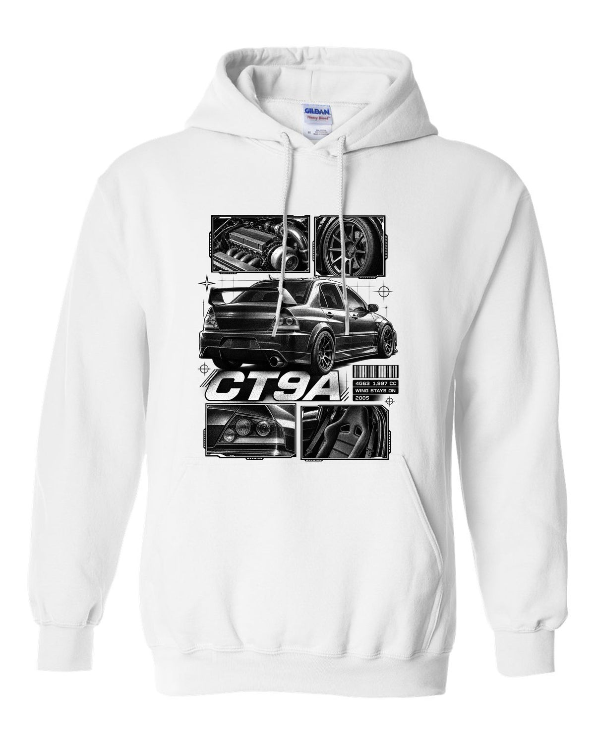 Dossier panel print of a Mitsubishi Lancer Evolution VIII IX CT9A white pull over hoodie front view with the design