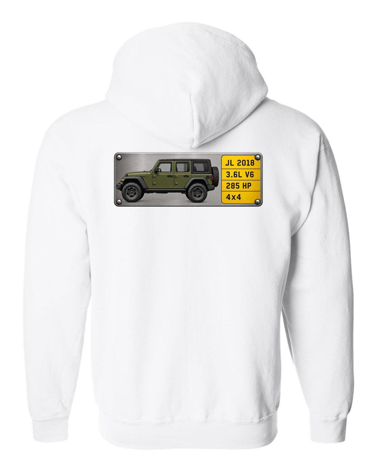 Jeep Wrangler JL Unlimited 3.6L V6 285 HP Spec Plate Tee white zip hoodie back view with the design