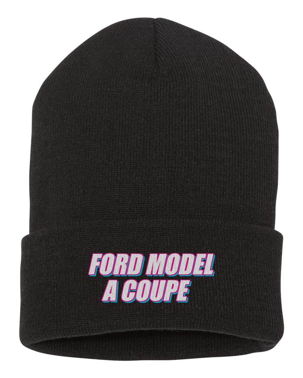 Ford Model A Coupe black beanie front view with car name