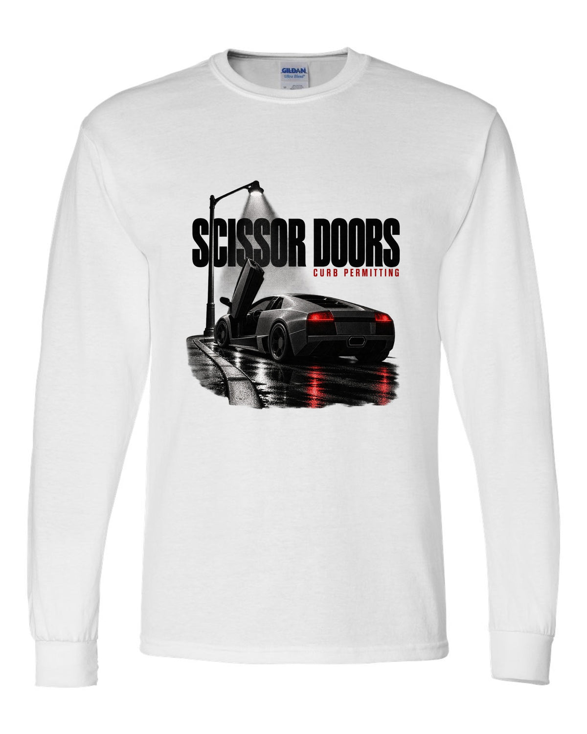 Garage night print of a Lamborghini Murcielago LP640 with scissor doors raised white long sleeve front view with the design