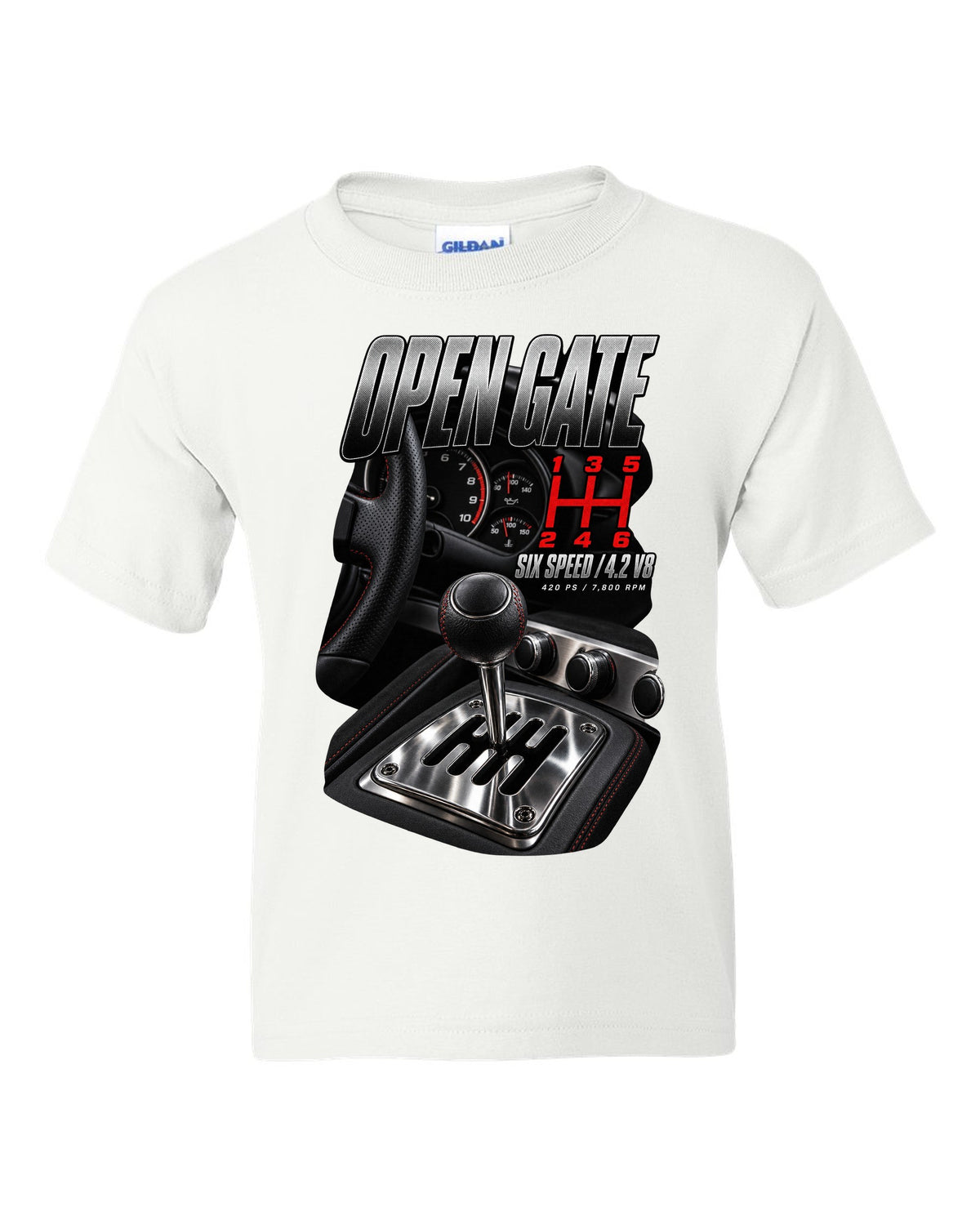 Audi R8 Type 42 V8 open gate six-speed shifter macro design white kids tee front view with the design
