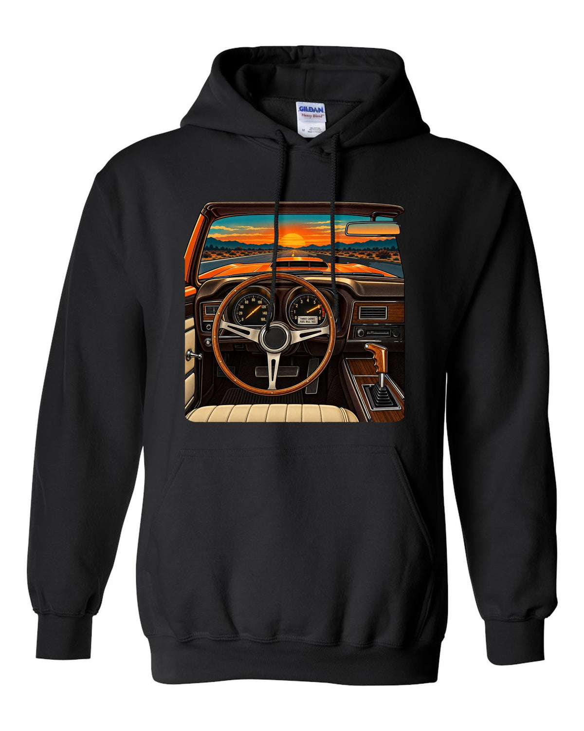 Retro dashboard illustration of a 1971 Dodge Charger Super Bee with six pack carb caption black pull over hoodie front view with the design