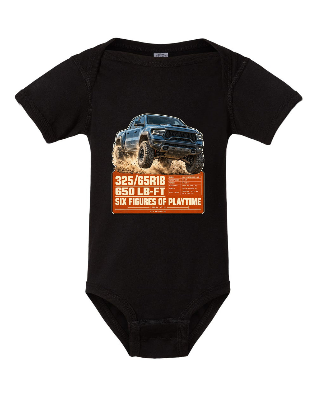 Ram 1500 TRX spec poster with tyre size and torque print black baby onesie front view with the design