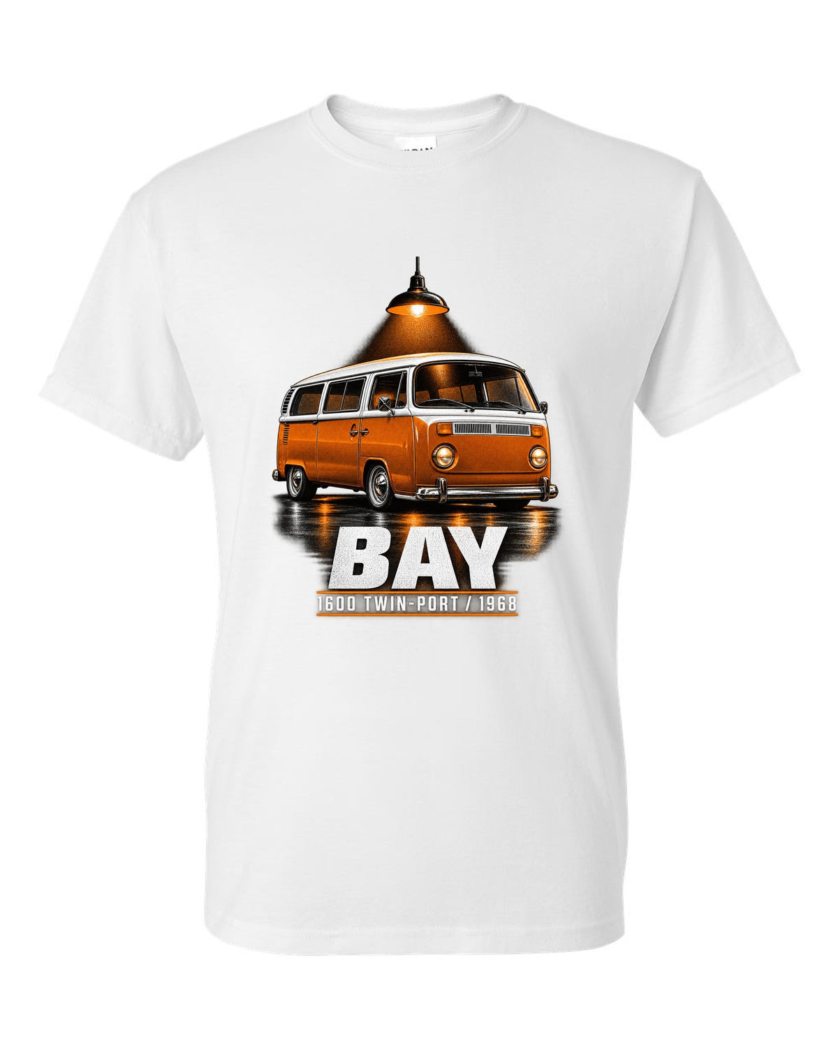 Garage night print of a 1968 VW T2 bay-window Type 2 bus white t-shirt front view with the design