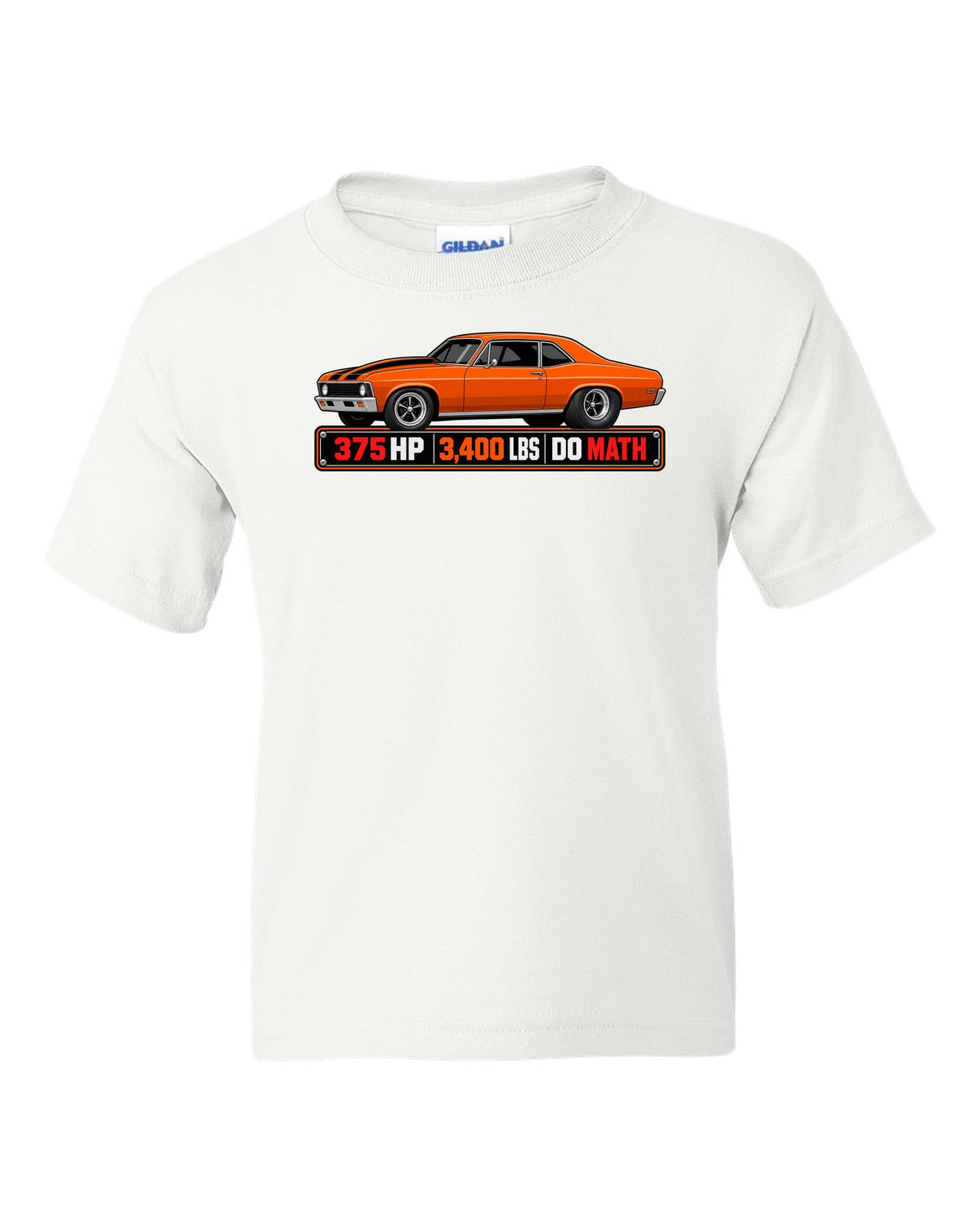 1970 Nova SS 396 in a spec sheet data plate design with text 375 HP 3,400 lbs Do Math white kids tee front view with the design