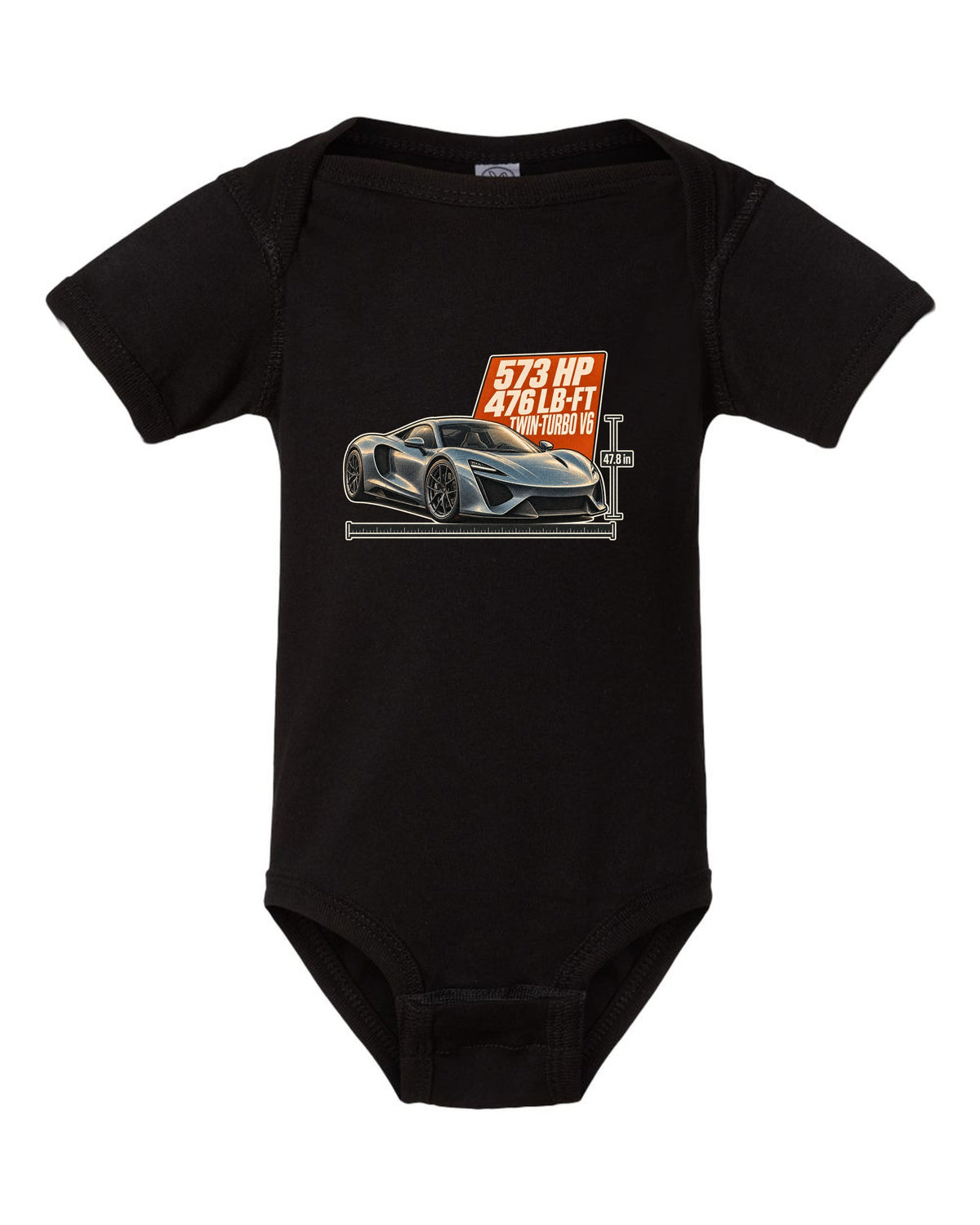 Halftone print of a 2020 Acura NSX NC1 front three-quarter black baby onesie front view with the design