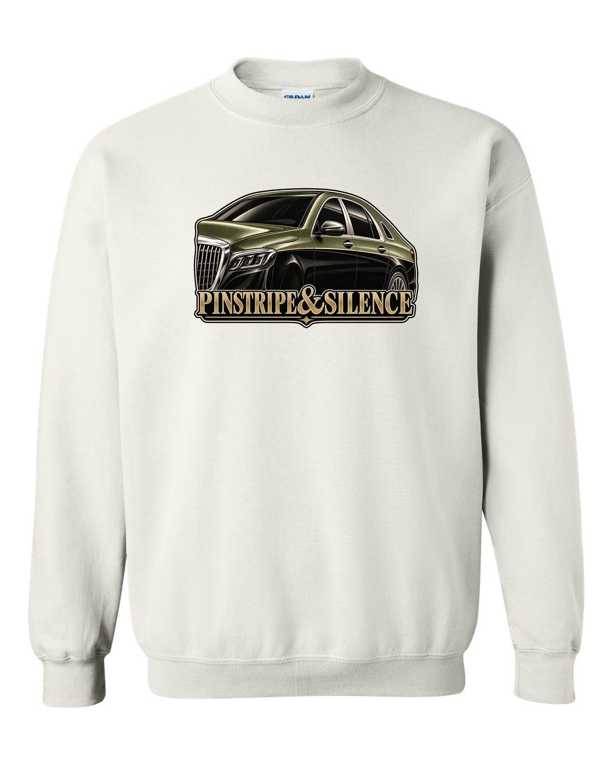 Duotone screenprint of a two-tone Mercedes-Maybach S-Class W222 with Pinstripe and Silence text white crewneck front view with the design