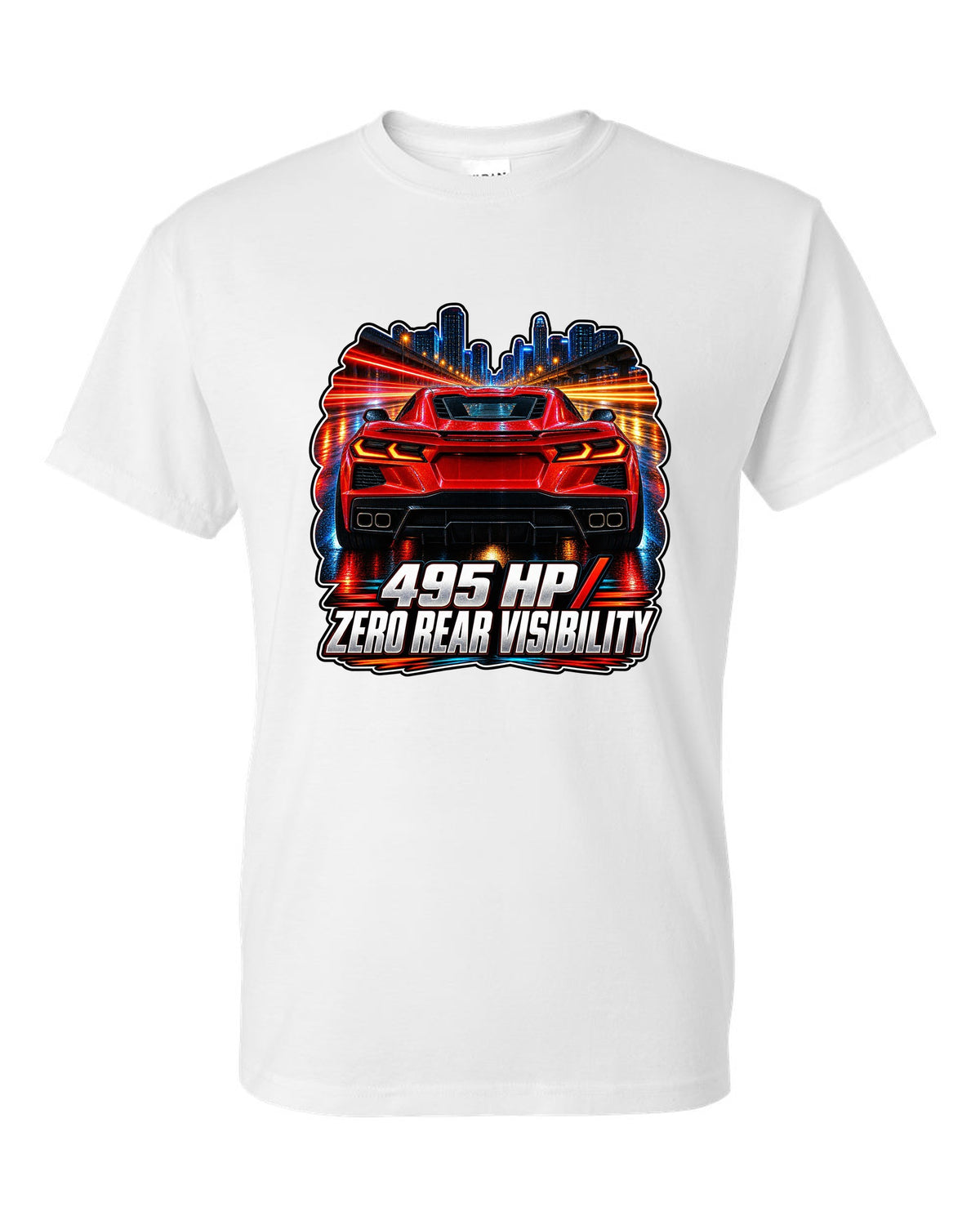Long-exposure night poster print of a 2020 Chevrolet Corvette C8 Stingray with 495 HP zero rear visibility lettering white t-shirt front view with the design