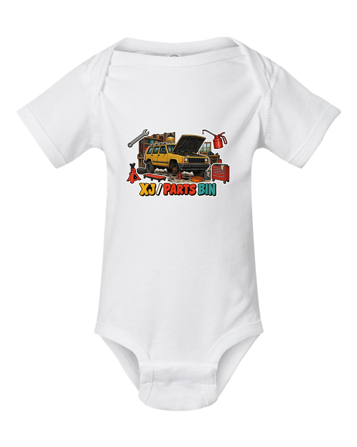 Sticker-bomb die-cut collage print around a Jeep Cherokee XJ labelled Parts Bin white baby onesie front view with the design