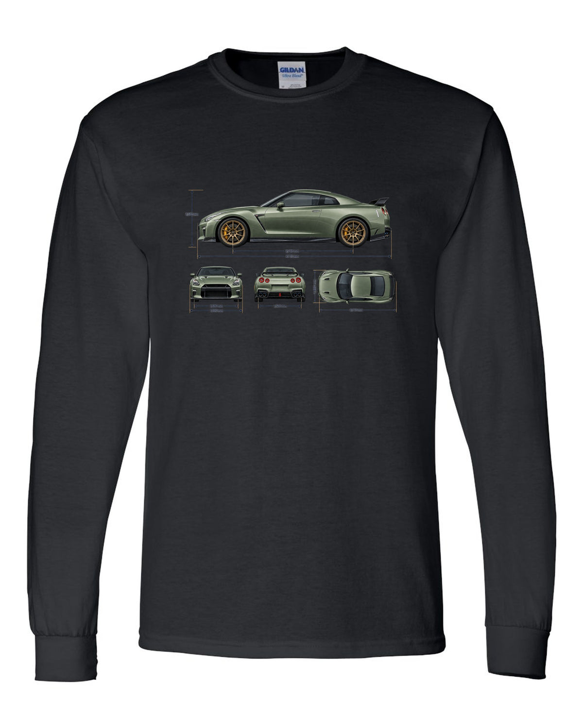 Nissan GT-R R35 rear three-quarter in red halftone showing four round taillights black long sleeve front view with the design