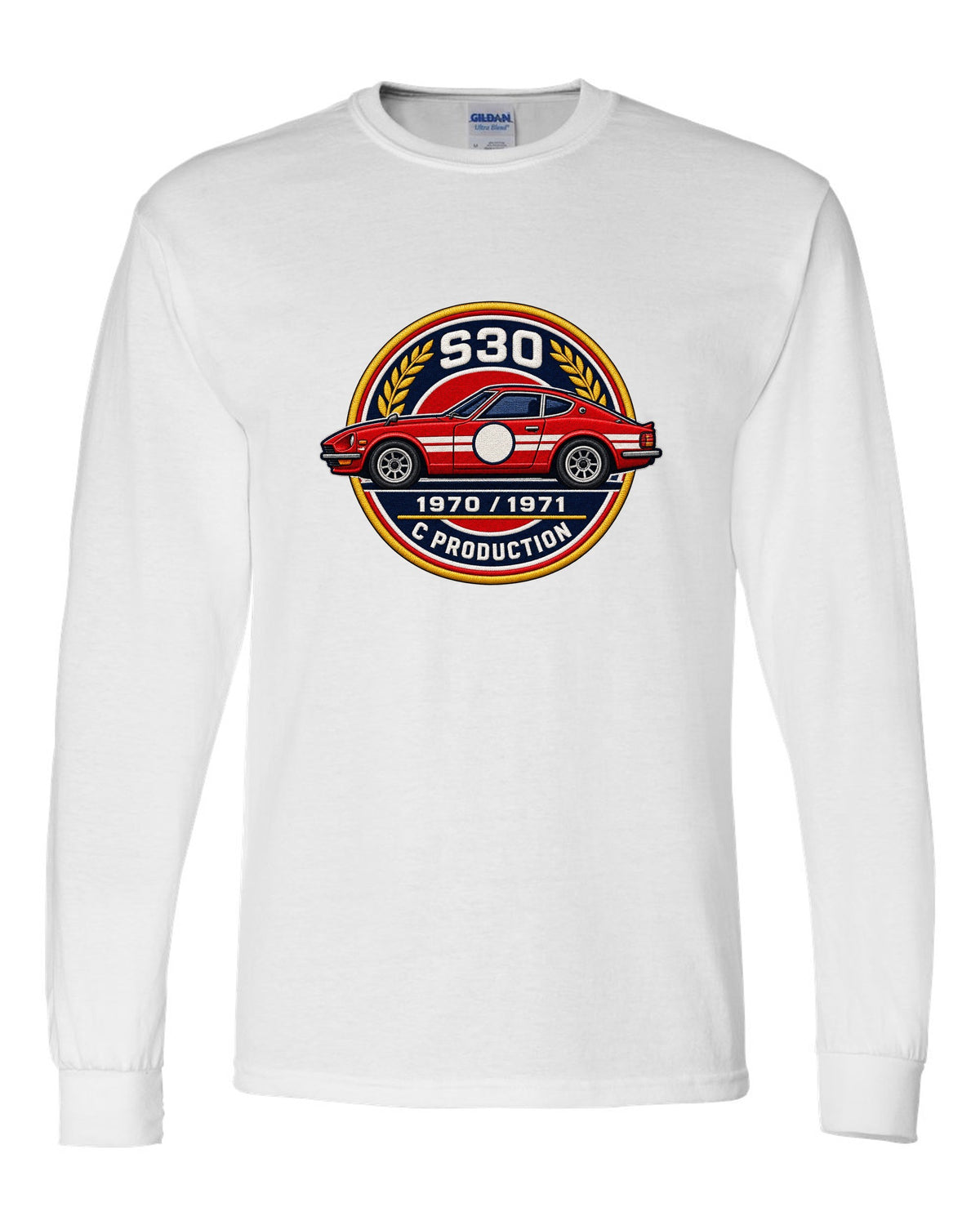 Round crest print for the Datsun 240Z S30 with S30, 1970, 1971 and C Production lettering white long sleeve front view with the design