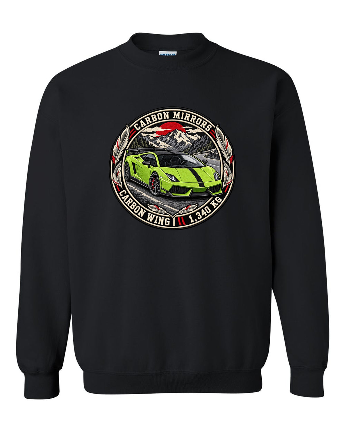 Round embroidery-style crest of a Lamborghini Gallardo LP570-4 Superleggera with carbon mirrors and wing text black crewneck front view with the design