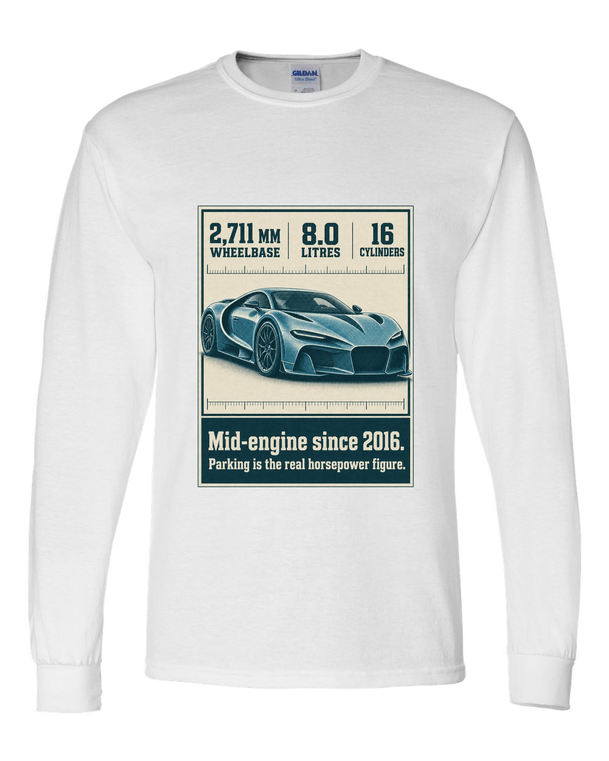 Bugatti Chiron Sport halftone print with wheelbase and engine facts white long sleeve front view with the design