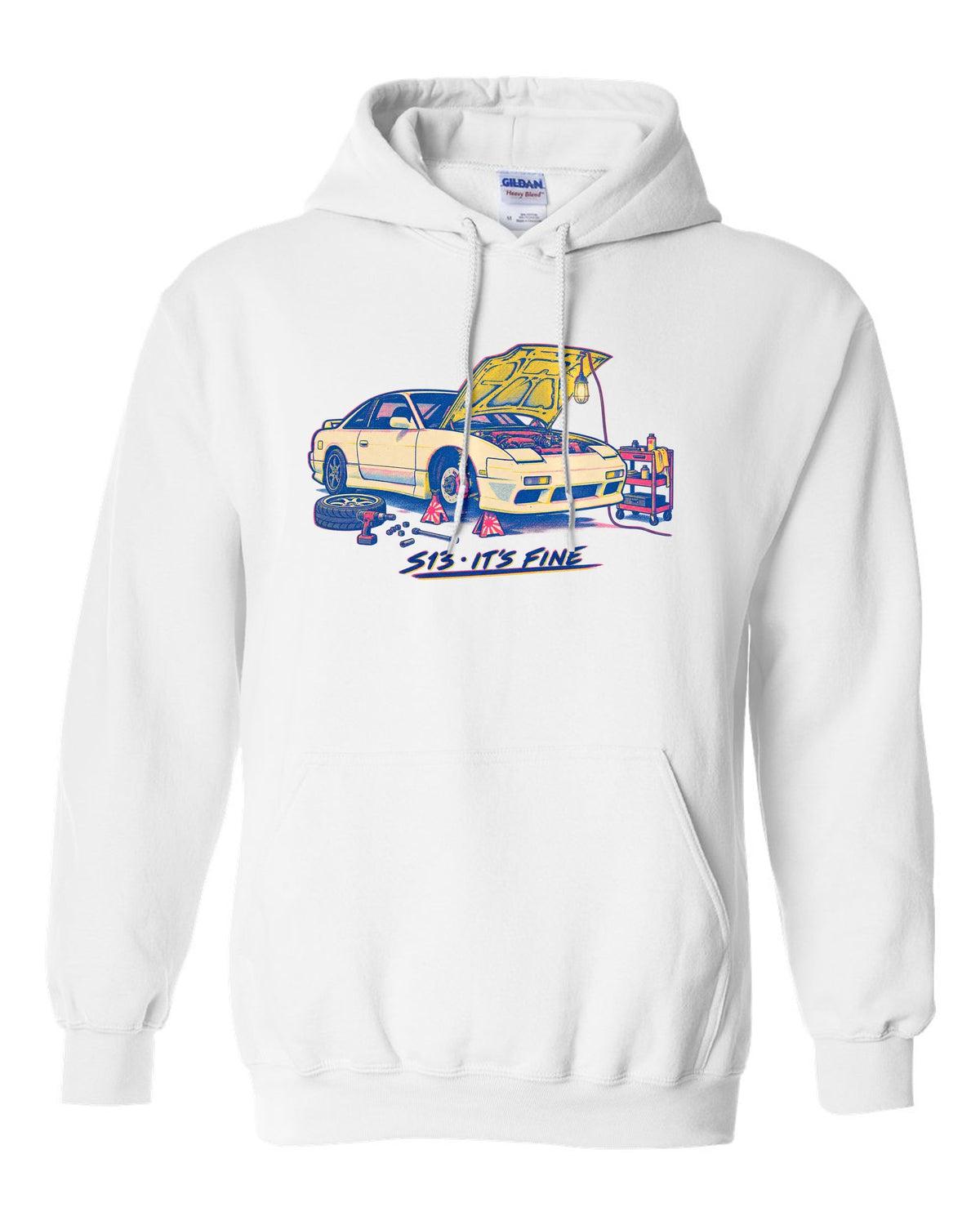 Risograph workshop print of a Nissan S13 with S13 it's fine lettering white pull over hoodie front view with the design