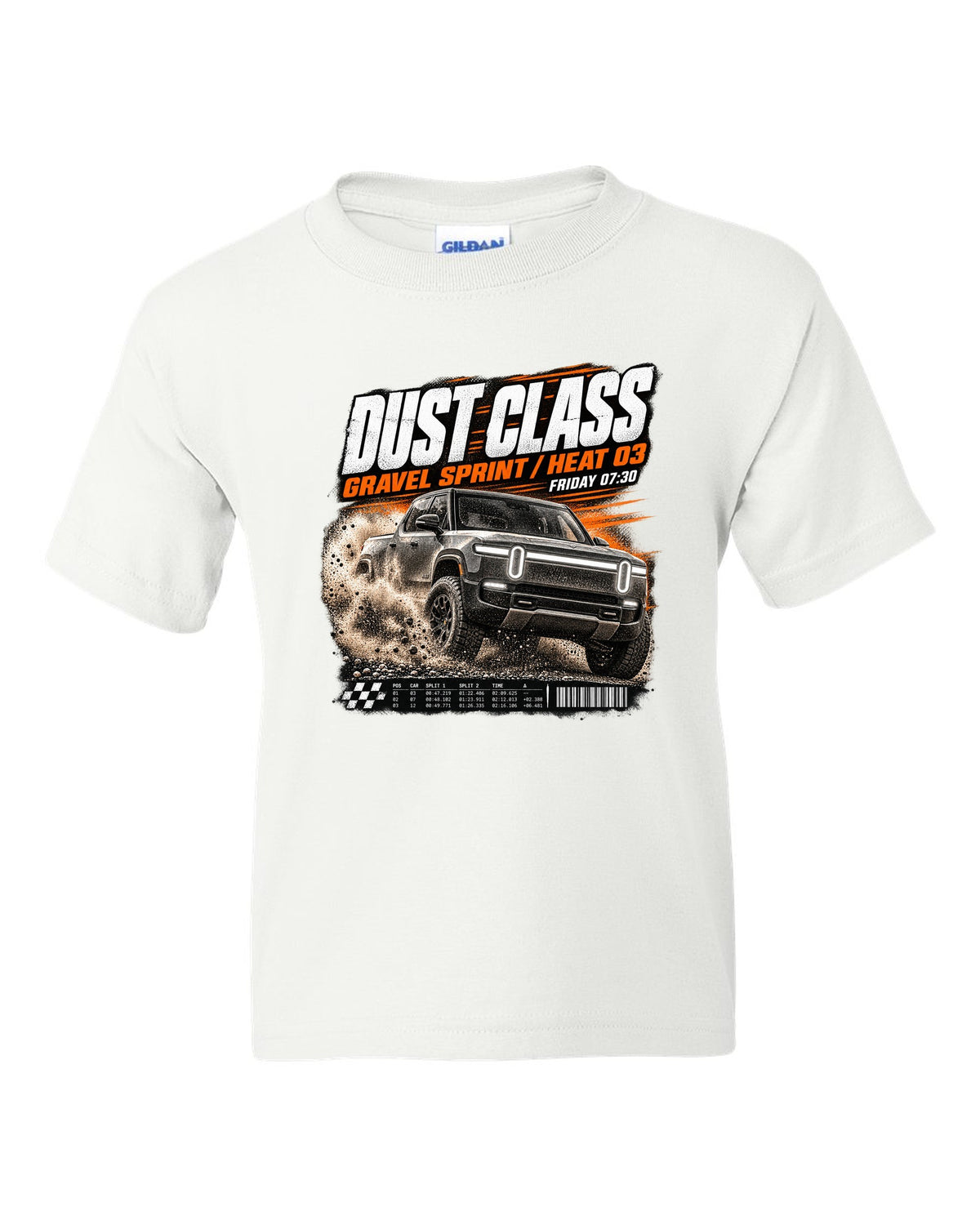 Rivian R1T Gen 2 2025 race poster reading Dust Class, gravel sprint, heat 03 white kids tee front view with the design