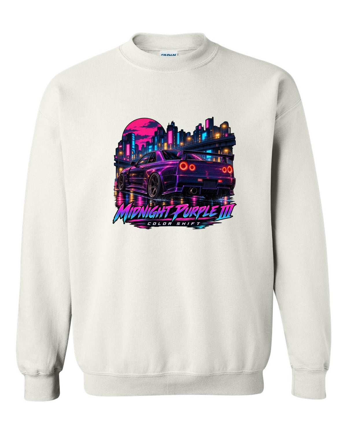Cel-shaded anime night street print of a Midnight Purple III Nissan Skyline GT-R R34 BNR34 white crewneck front view with the design