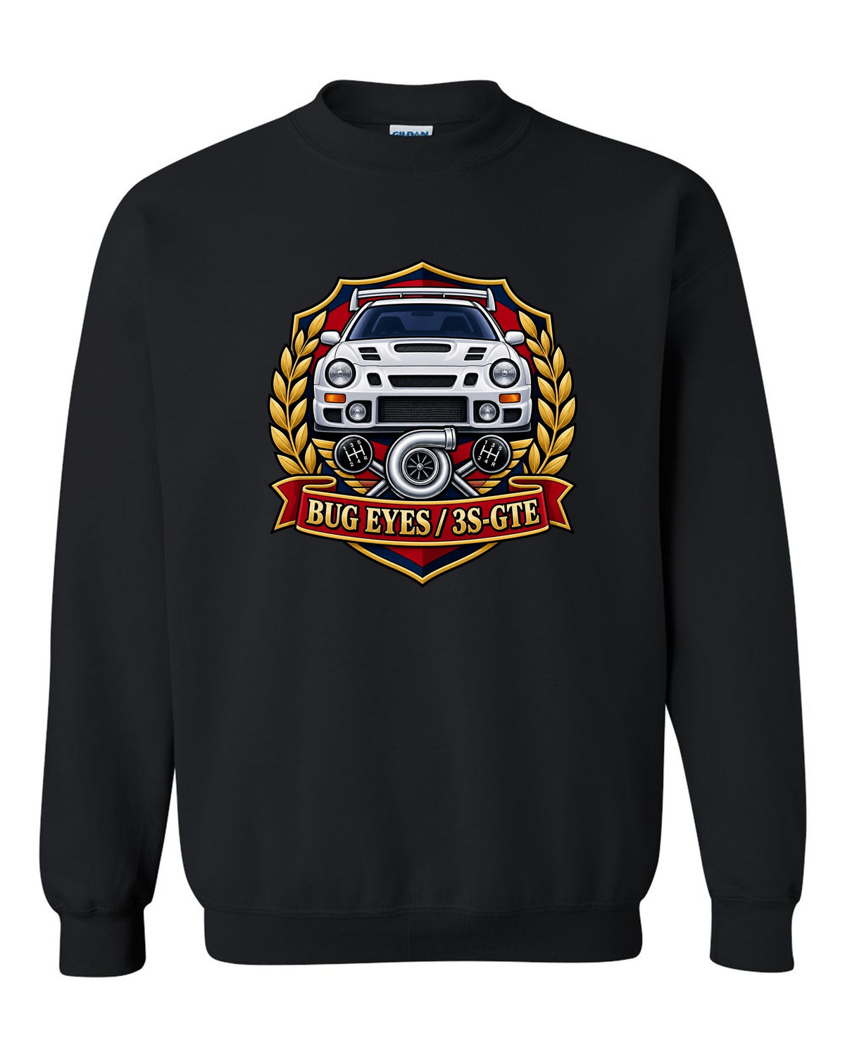 Rally crest of a Toyota Celica GT-Four ST205 with Bug Eyes and 3S-GTE lettering black crewneck front view with the design