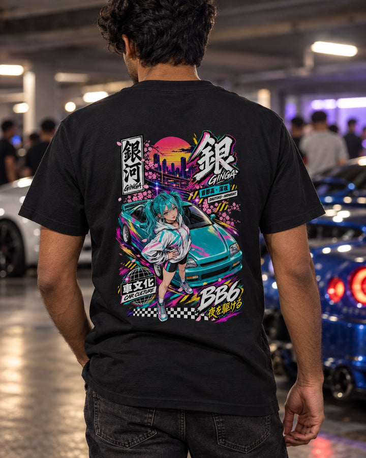 GINGA BB6 Anime Girl Full-Back Graphic Tee T-Shirt Black worn hero