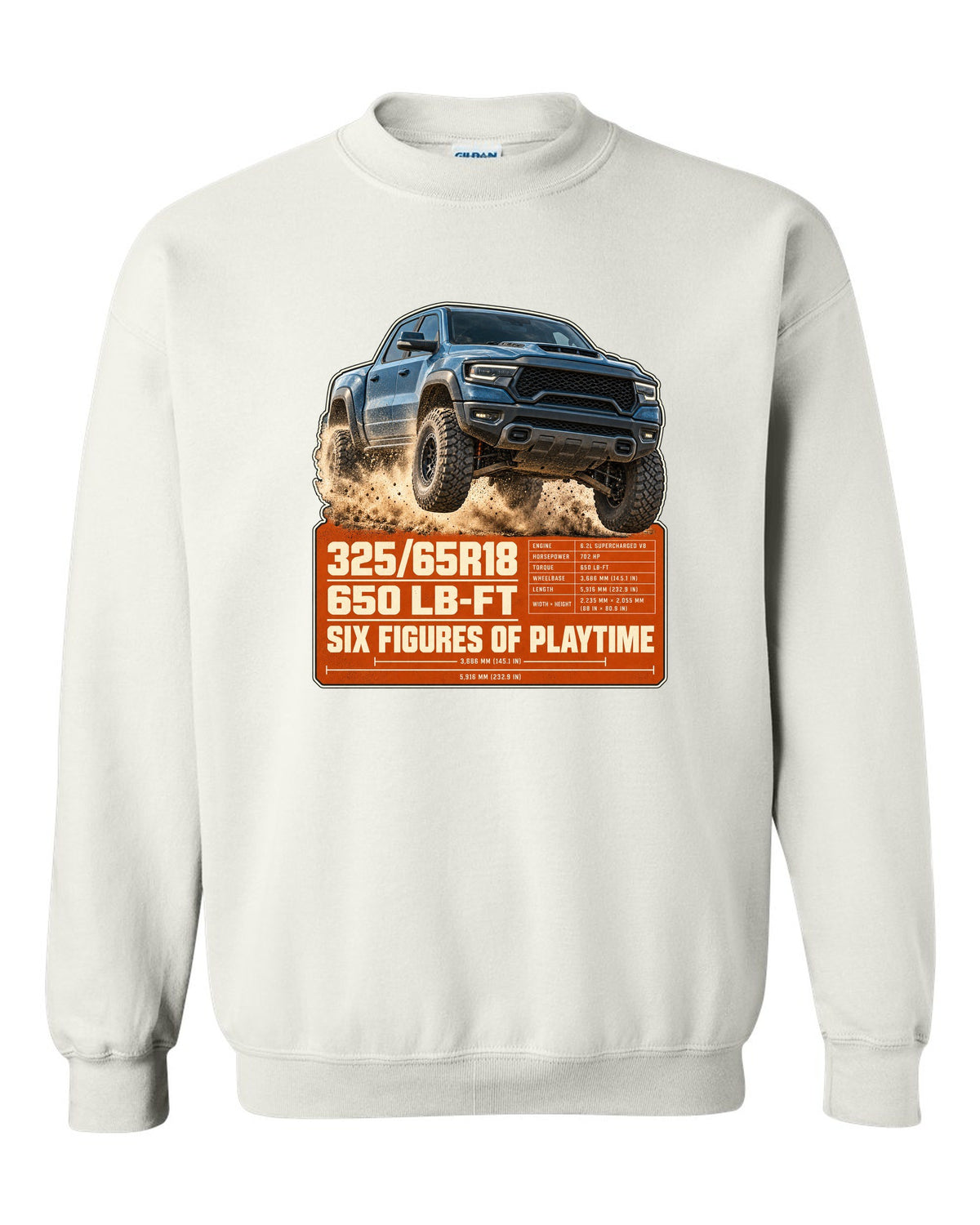 Ram 1500 TRX spec poster with tyre size and torque print white crewneck front view with the design