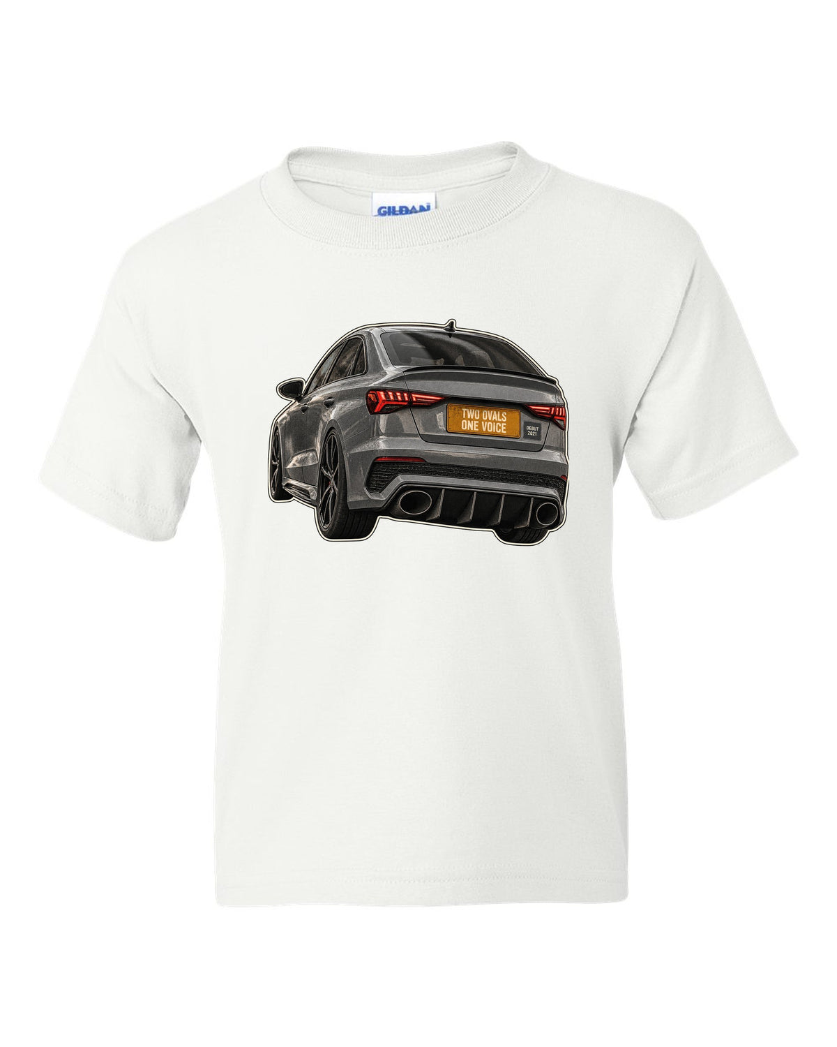 Taillight and exhaust macro of an Audi RS3 8Y sedan white kids tee front view with the design