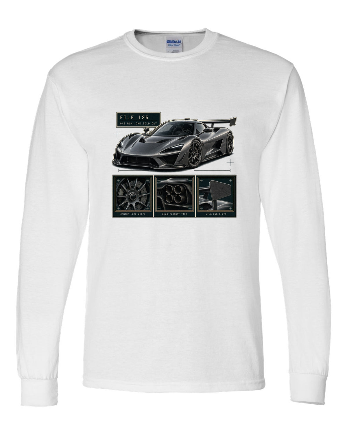 Dossier panel layout of the Koenigsegg Jesko Attack with detail panels, print white long sleeve front view with the design