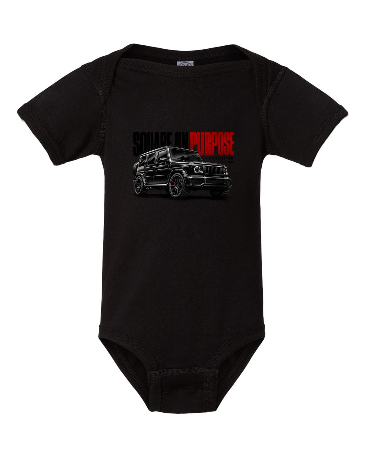 Halftone statement print of a Mercedes-AMG G63 W464 with Square On Purpose lettering black baby onesie front view with the design