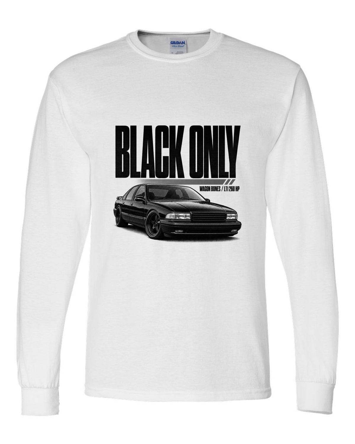 1994 Impala SS front three-quarter halftone print with LT1 text white long sleeve front view with the design